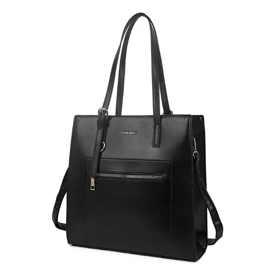 Tote Trendy Con Interior Organizado Y Estilo Moderno Acabado De Los Herrajes Níquel Color Negro Correa De Hombro Negro Diseño De La Tela Lisa