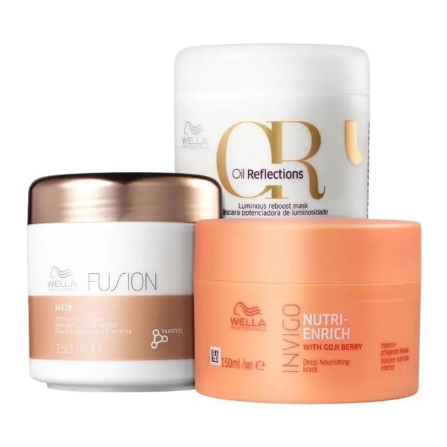 Kit com três máscaras capilares da Wella: Fusion, Oil Reflections e Invigo Nutri-Enrich, todas em embalagens de 150ml.