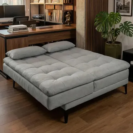 Sofá Cama Multifuncional Reclinável 3 Lugares Retrátil Linho Cor Cinza Design Retro Sala Megalarstore