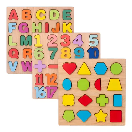 3 Peças Kit Quebra Cabeca Educativo Letras Números Formas Colorido