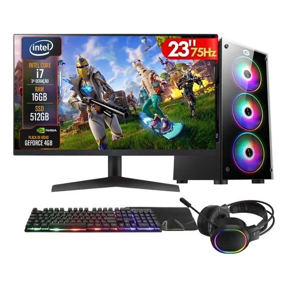 PC Gamer Completo 2Eletro Player, Intel Core i7, 16GB RAM, Placa de vídeo Geforce 4GB, SSD 512GB, Fonte 500W, Monitor 23" Full HD 75Hz, Kit Gamer com Headset - PG2E-LED1010PL