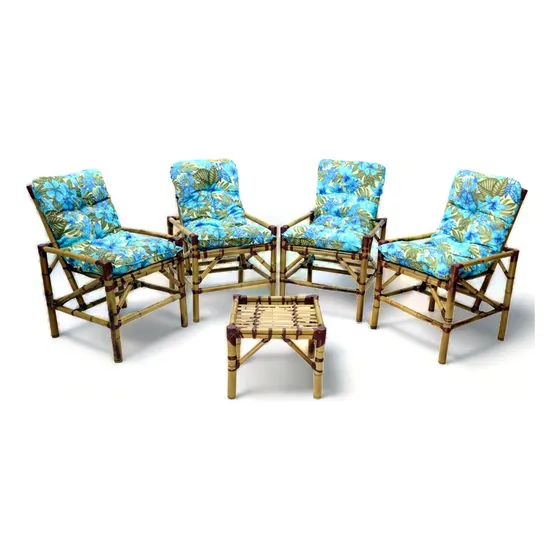 Kit 4 Cadeiras Poltronas + Mesa De Centro Bambu Vime Fábrica