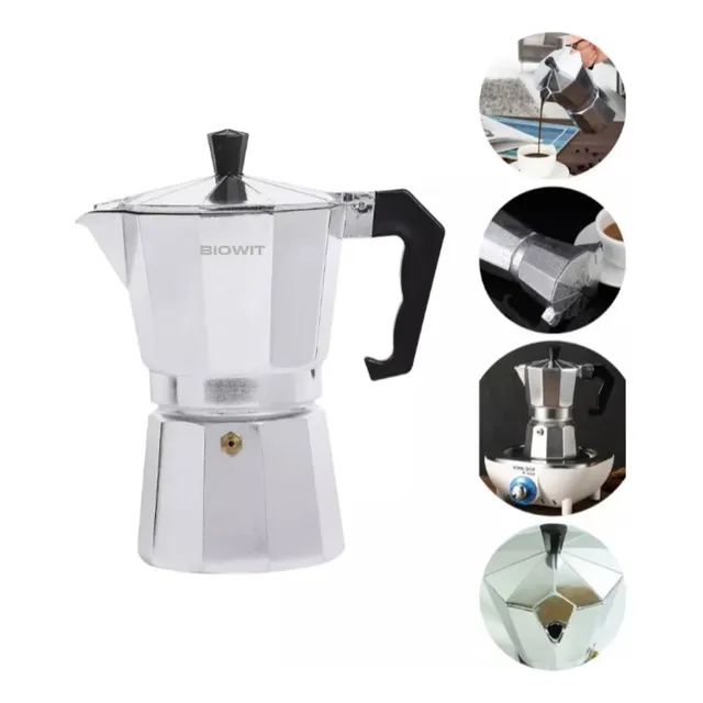 BIOWIT Cafetera Moka Italiana de Aluminio (6 Tazas) - Auténtico Café Espresso en Casa, Rápida y Segura - Diseño Clásico, Fácil de Usar y Limpiar - Ideal para Regalo (Color Plateado)