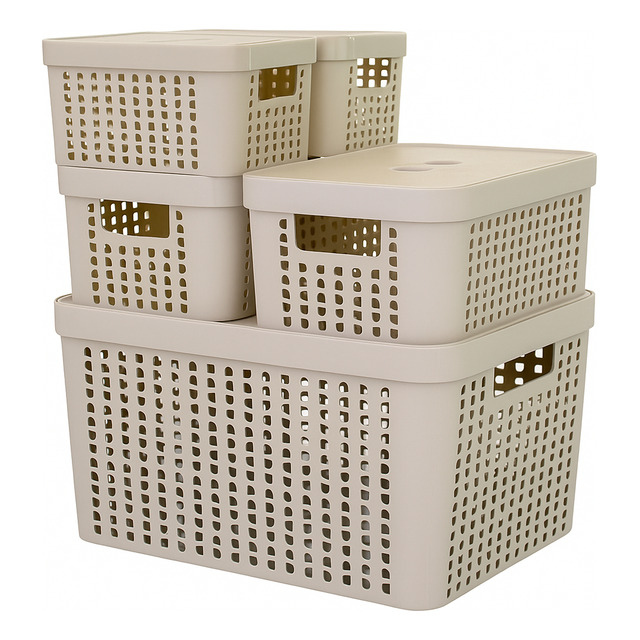 Kit 5 Caixas Organizadoras 2l 4,5l 17l Com Tampa Multiuso Cor Bege Liso Kit 5 Caixas Organizadoras 2l 4,5l 17l Com Tampa Multiuso Cor Bege Liso