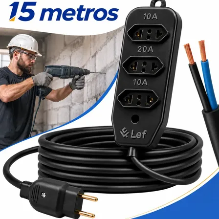 Extensão 15metros Cabo Pp Reforçada Obra Profissional 10/20a Preto