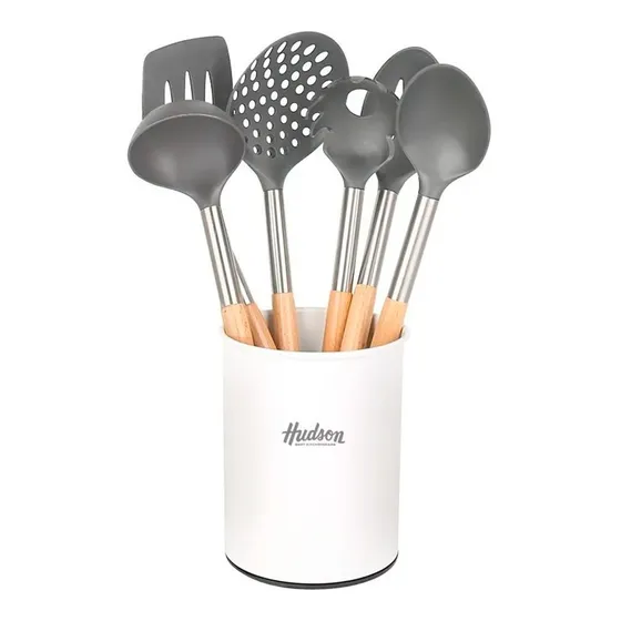 Set 6 Utensilios Hudson Nylon Mango Madera Espatula Cucharon