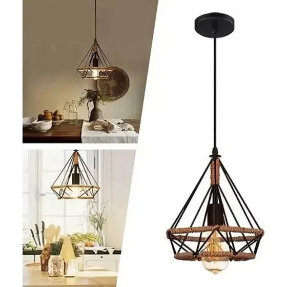 Lámparas Colgante Vintage Industrial Cuerda De Cáñamo Estructura Negro - 310023