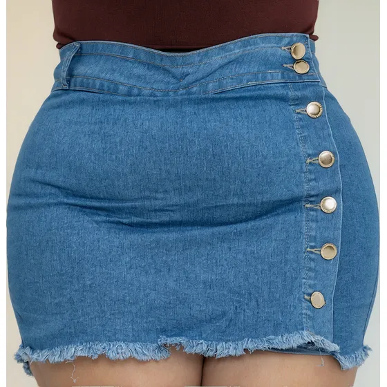 Short Saia Jeans Plus Size Feminino Com Lycra Verão Desfiado