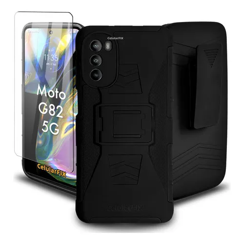 Funda Protector P/ Motorola G82 5g, Uso Rudo Clip C/ Cristal Color Negro Moto G82 (5G)