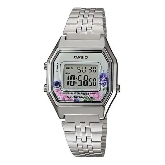 Reloj Casio De Dama Modelo La 680 Plateado Con Flores Color del bisel Morado Color del fondo Gris