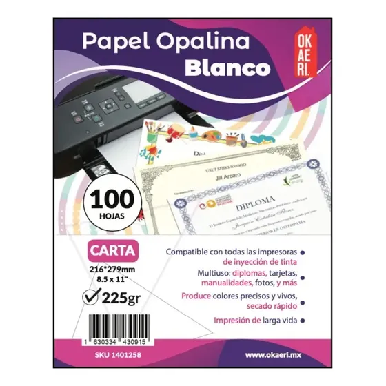 Papel Opalina 225g Gruesa 100 Hojas Blancas Carta Cursor
