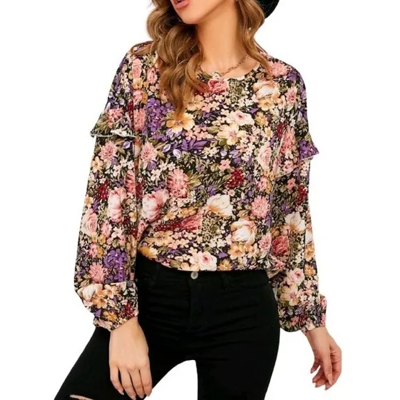Blusa De Vestir Elegante Manga Larga Floreada