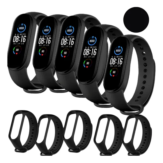 Kit 5 Pulseiras Pretas Para Mi Band 5/6/7 Smartband Atacado
