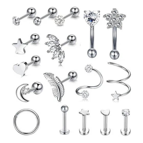 17pcs Piercing Aretes Oreja Cartílago Amor Acero Inoxidable 