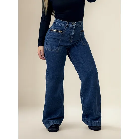 Jean Wide Leg Azul Bolsillo Plaqué - Lou Jeans