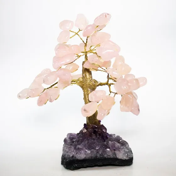 Árvore Pedra Natural Quartzo Rosa Base Drusa Ametista 15cm