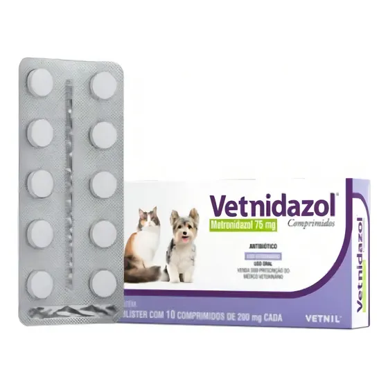 Antimicrobiano Vetnidazol 75mg Para Cães E Gatos Com 10 Comp
