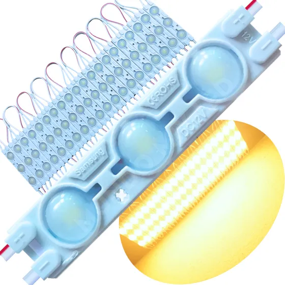 200pçs Módulo Led 7025 12v 1,7w 3led LUZ Branco Quente 3000k Com Lente 160º