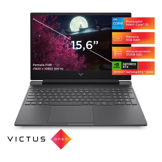 Notebook Victus Gaming 15-fa0027la, Intel Core i5, 8 GB RAM GPU NVIDIA® GeForce RTX™ 3050, 512 GB SSD, 15.6", FHD Windows 11 Home