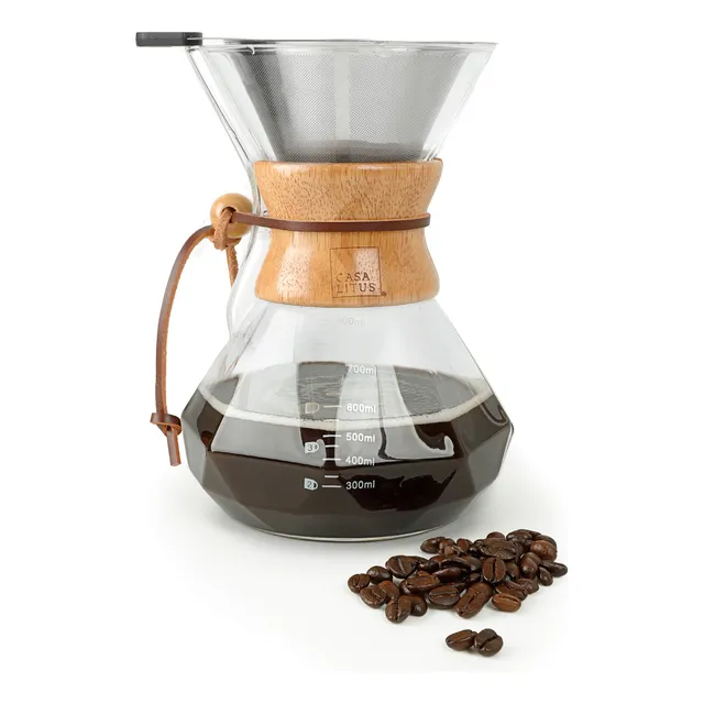 Cafetera tipo Chemex Grande de 800 ml con Filtro Reutilizable de Acero Inoxidable, Cafetera de Goteo Pour Over de Vidrio Borosilicato para Café Molido con Agarradera de Bambú, Rinde 4 Tazas