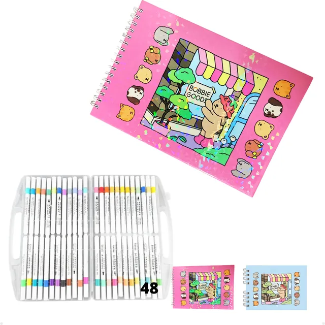 Caderno De Desenho Capa Dura + 48 Canetinhas Coloridas