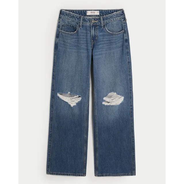 Jeans Hollister Holgados De Tiro Bajo Rasgado Con Lavado