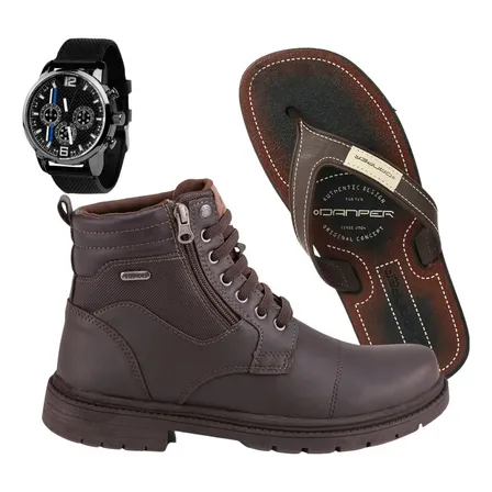 Kit Bota Coturno Masculina Zíper Calce Fácil Chinelo Relógio