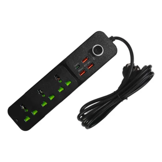 Barra Alargue Zapatilla 3 Tomas 220v 3 Puertos Usb 1 Tipo C Negro