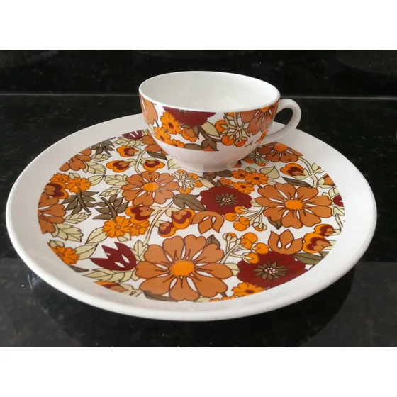 Plato Enorme Y Taza  250 Cm3 Desayuno Hartford  70 Nuevo Blanco Guarda Flores Marrones