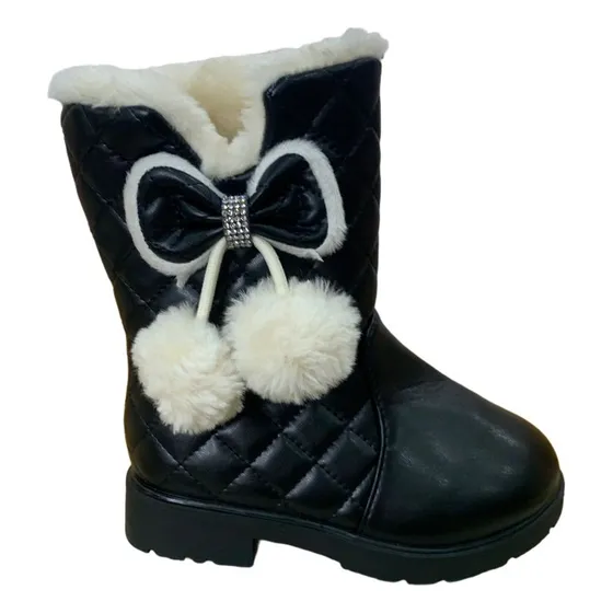 Botin Cuero C/lazo Y Pompones De Peluche Para Niña Nuevo