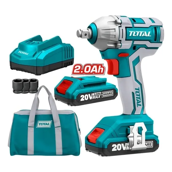Llave Pistola De Impacto Inalámbrica Total 20v Industrial Motor Brushless Sin Carbones Encastre 1/2'' Torque 300nm Con 2 Baterías 2.0ah Litio-ion Cargador Dados Y Bolso TIWLI2001