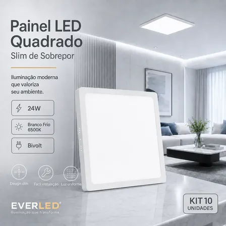 Kit 10 Painel Plaflon 24w 30x30 Quadrado Sobrepor Alumínio L 127/220v Branco Frio 6500k