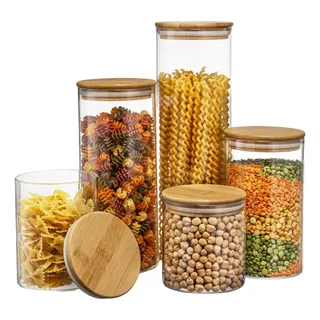 Conjunto 5 Potes Organizador Hermético Vidro Bambu Silicone Conjunto 5 Potes Organizador Hermético Vidro Bambu Silicone