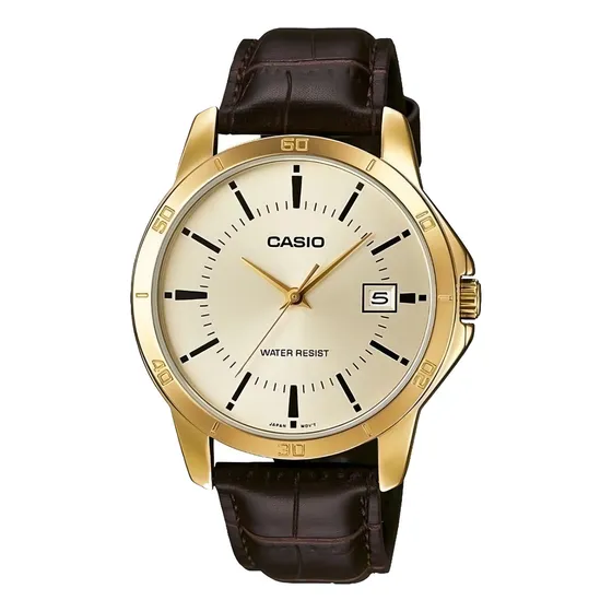 Reloj pulsera Casio MTP-V004GL-9A con correa de cuero color marrón fondo dorado