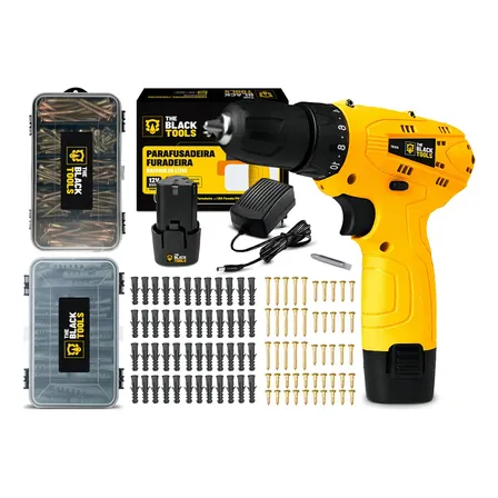 Parafusadeira E Furadeira A Bateria 12v 3/8 Bivolt 350 Rpm + Jogo De Parafusos E Buchas 99 Peças The Black Tools Amarelo 127/220v 50/60hz