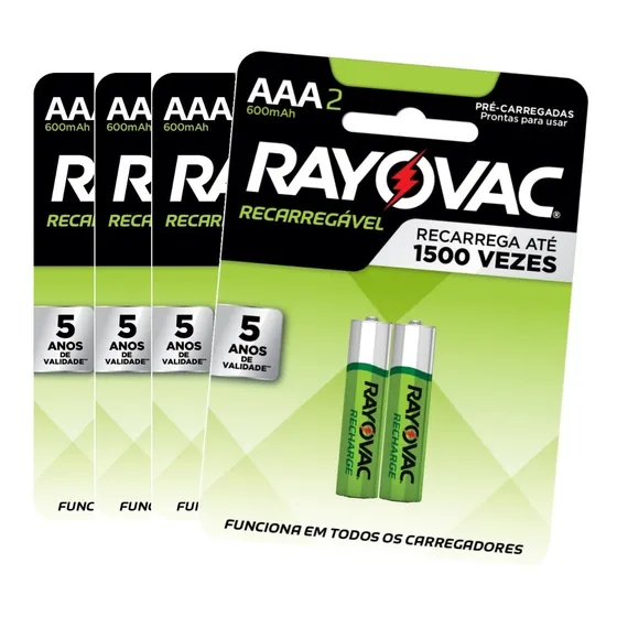 8 Pilhas Recarregável Econômica Rayovac Aaa 600 Mah 