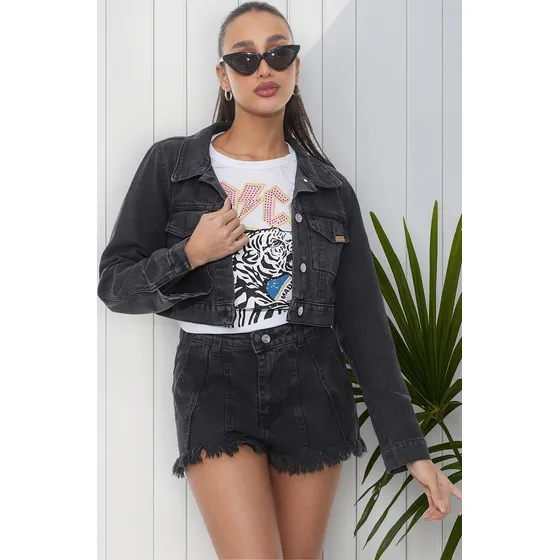 Campera De Jean Corta Flora Mujer .