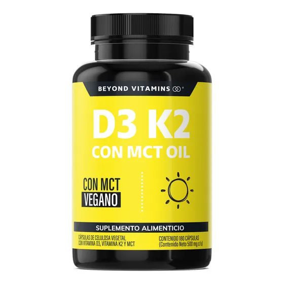 Vitamina D3 + Vitamina K2 + Mct Oil | Sin Azúcar - Suplemento Alimenticio Vegano Beyond Vitamins - Vitaminas Mujer / Hombre - Ingredientes Non Gmo (180 Cápsulas)