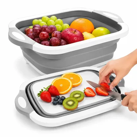Tábua Escorredor de Louças em Silicone Retrátil 3 em 1 com Tábua de Corte e Bacia Dobrável Multiuso Cozinha Compacta Portátil Resistente Antiderrapante Organizador Pia Cor Cinza Premium Liso Vapt Vupt