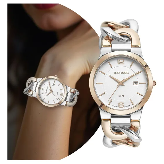 Relógio feminino analógico com pulseira trançada e caixa de aço inoxidável resistente à água em 5 ATM prata e rosé com fundo branco delicado luxo elegante fashion Technos unique 2115TWU/1K