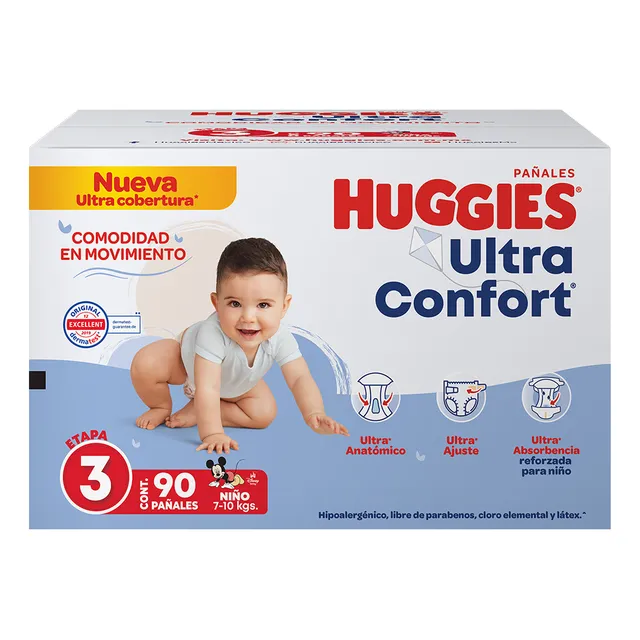 Pañales Huggies Ultraconfort Etapa 3 Niño 90 Piezas