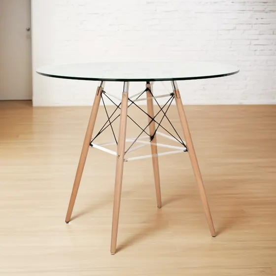Mesa Eames Vidrio 1,20 Diámetro Base Madera Maciza