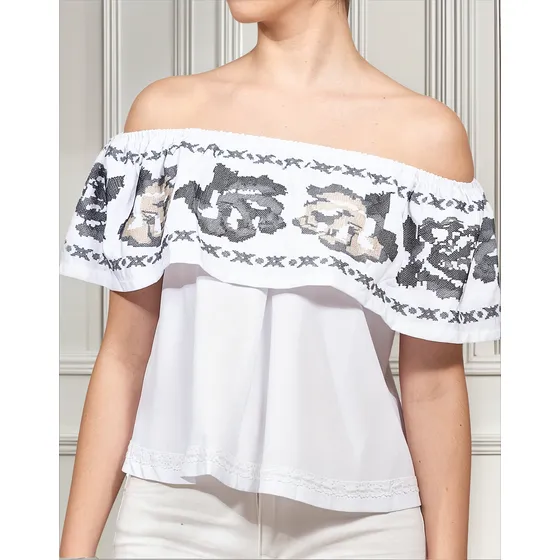 Blusa Campesina Bordada Hombro Caído Con Puntilla En Algodón