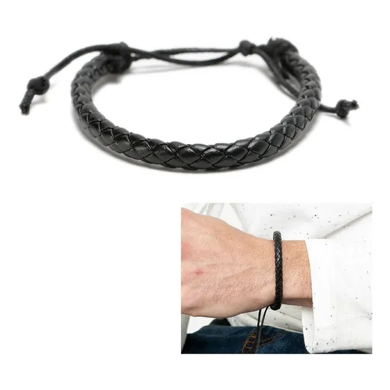 Pulsera De Hombre De Cuero Trenzado Negro Diámetro 17 Cm