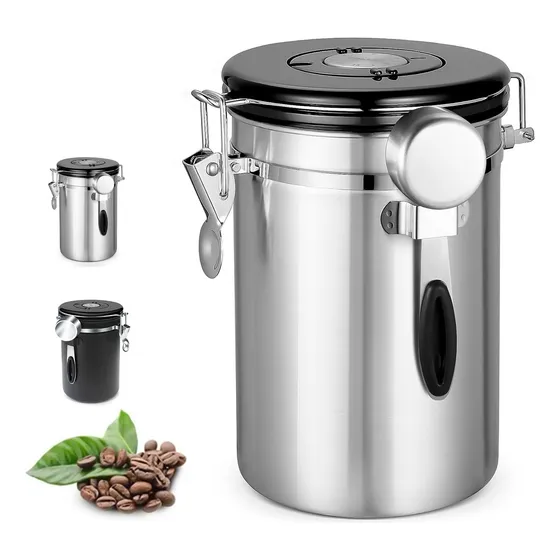 SANGKEE Bote Hermético Para Café, Lata De Café Sellada Recipiente Grande Lata Hermética De Acero Inoxidable Con Indicador De Fecha Válvula Tetera Caja De Almacenamiento De Granos De Cocina 1.8l, Cas1