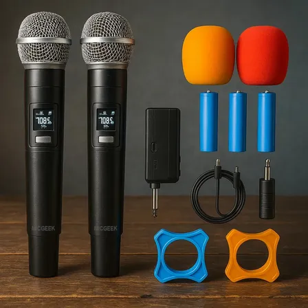 Kit 2 Microfones Sem Fio Recarregável Profissional Uhf Led Karaokê Palestras Shows Igrejas Apresentações Cancelamento De Ruído Anti-larsen Cardioide 14h Bateria Para Palco Reuniões Micgeek Preto