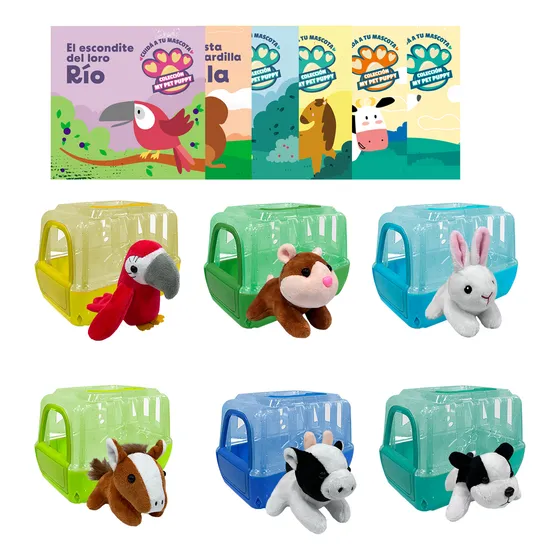 Adopta Tu Mascota Set 1 X 6 Animales De Peluche + Valija