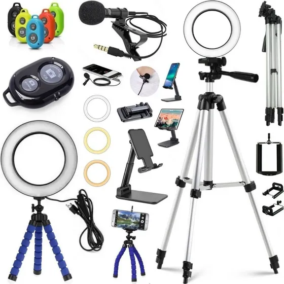 Kit Gravação Ring Light Luz Tripé Microfone Filmagem Celular