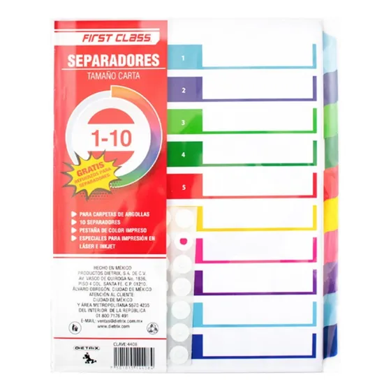 10 Separadores Carpeta First Class Tamaño Carta Colores