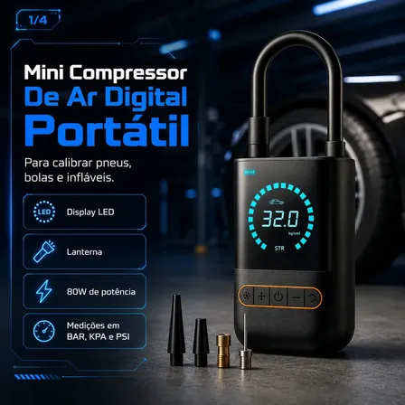 Mini Compressor De Ar Digital Portátil Bomba Elétrica Sem Fio Para Carro Moto E Bicicleta Calibrador De Pneus Preto 127/220v 50 Hz/60 Hz Monofásica